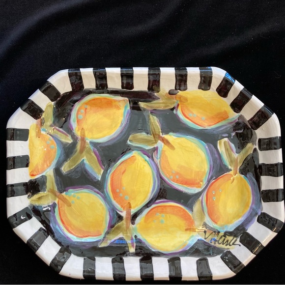 Spring Lemons in Black”Handmade Large Ceramic 8 Sided Platter 13”x10” Original - Picture 7 of 11